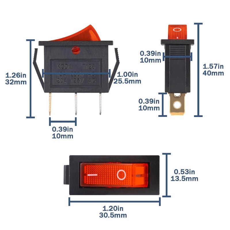 VEXUNGA 10pcs Lighted KCD3 Rocker Switch On Off 3 Pin 2 Position Red Light Boat Rocker Switches 20A 15A 125V 250V AC SPST Square llluminated Power Switch - Image 2